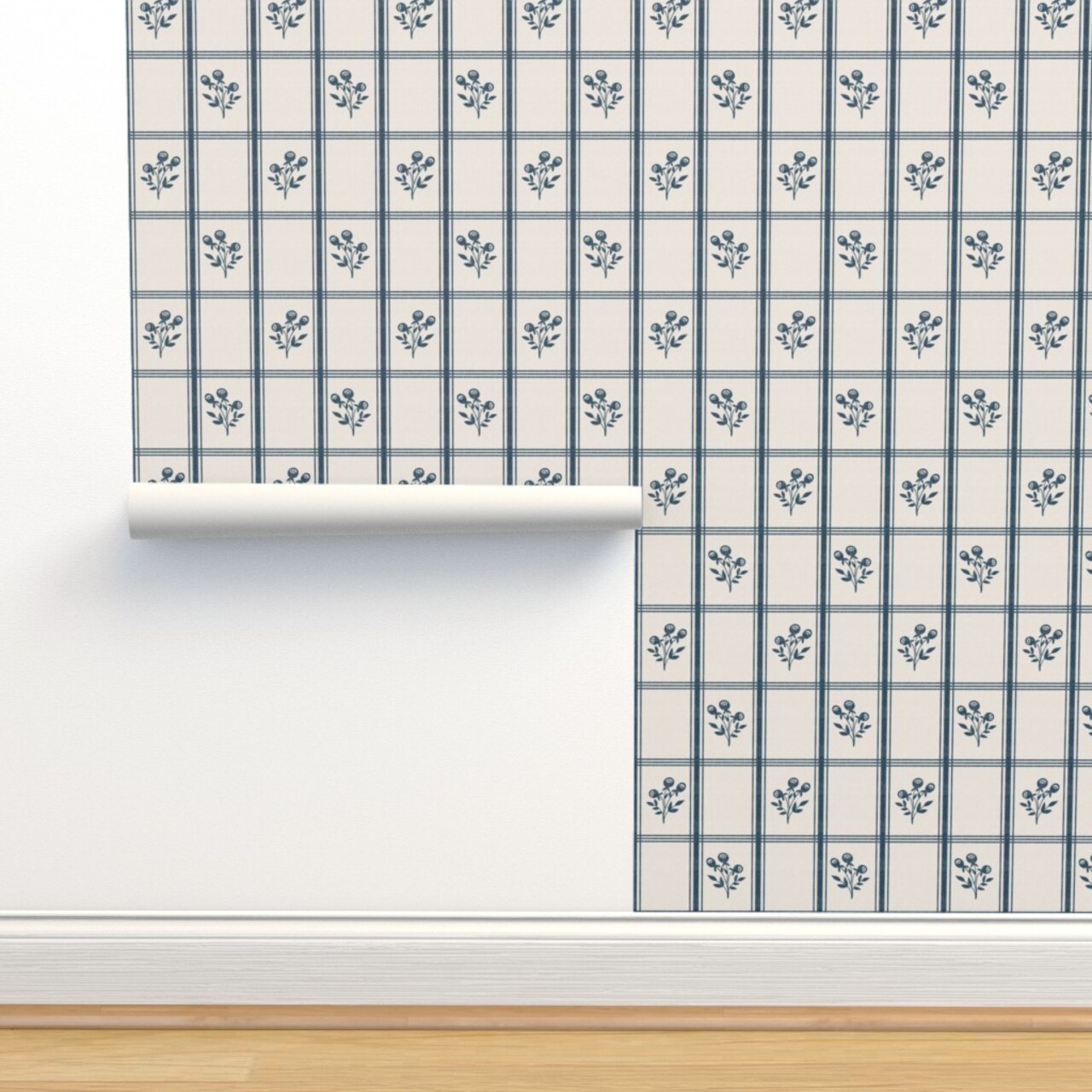Modern Farmhouse French Floral Cottage Core Traditional Blue Cream Custom Pre-pasted Wallpaper by Spoonflower Pre-Pasted Wallpaper 2FT Wide 14155144